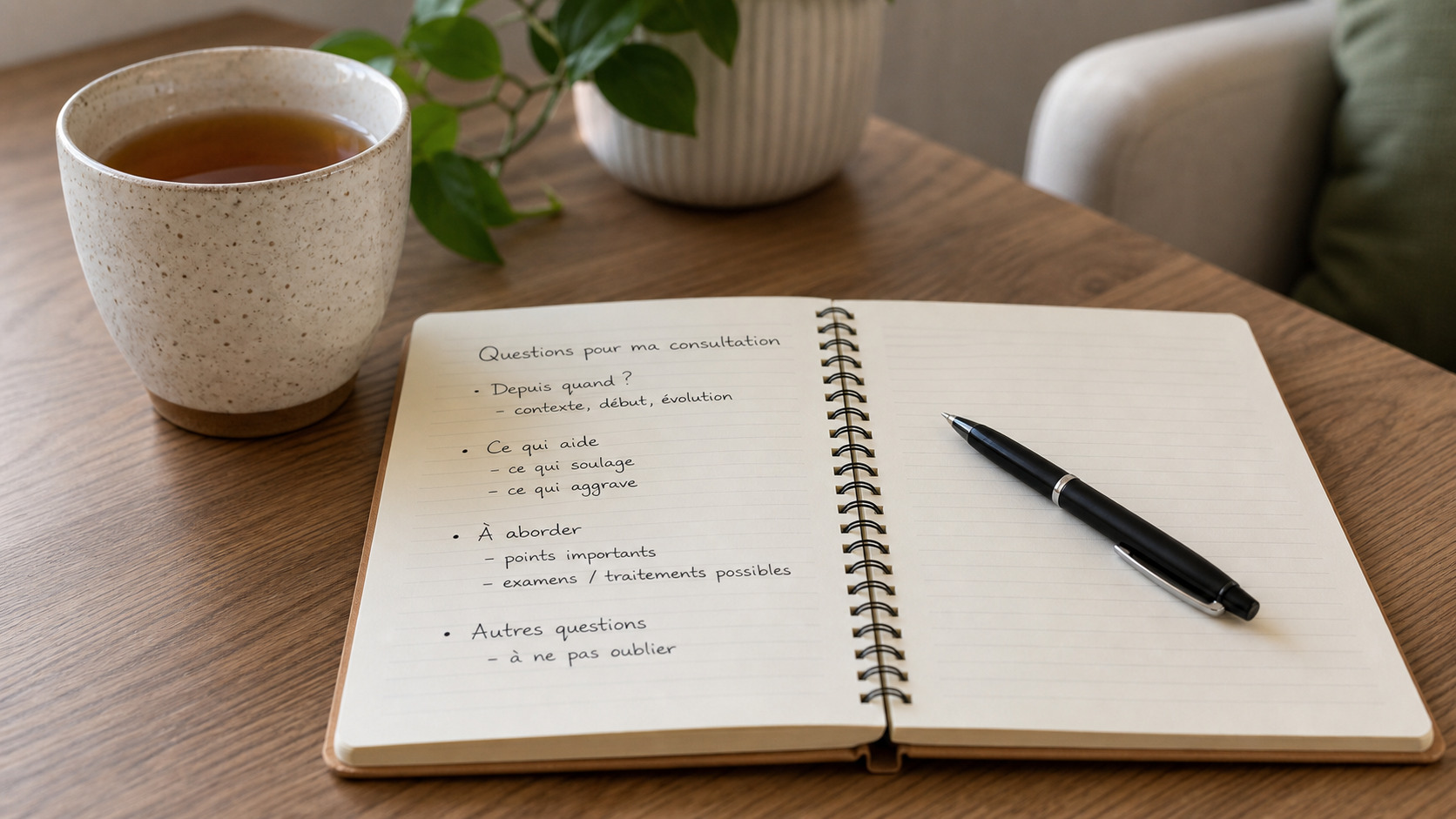 Carnet de notes ouvert avec quelques questions préparées avant une consultation
