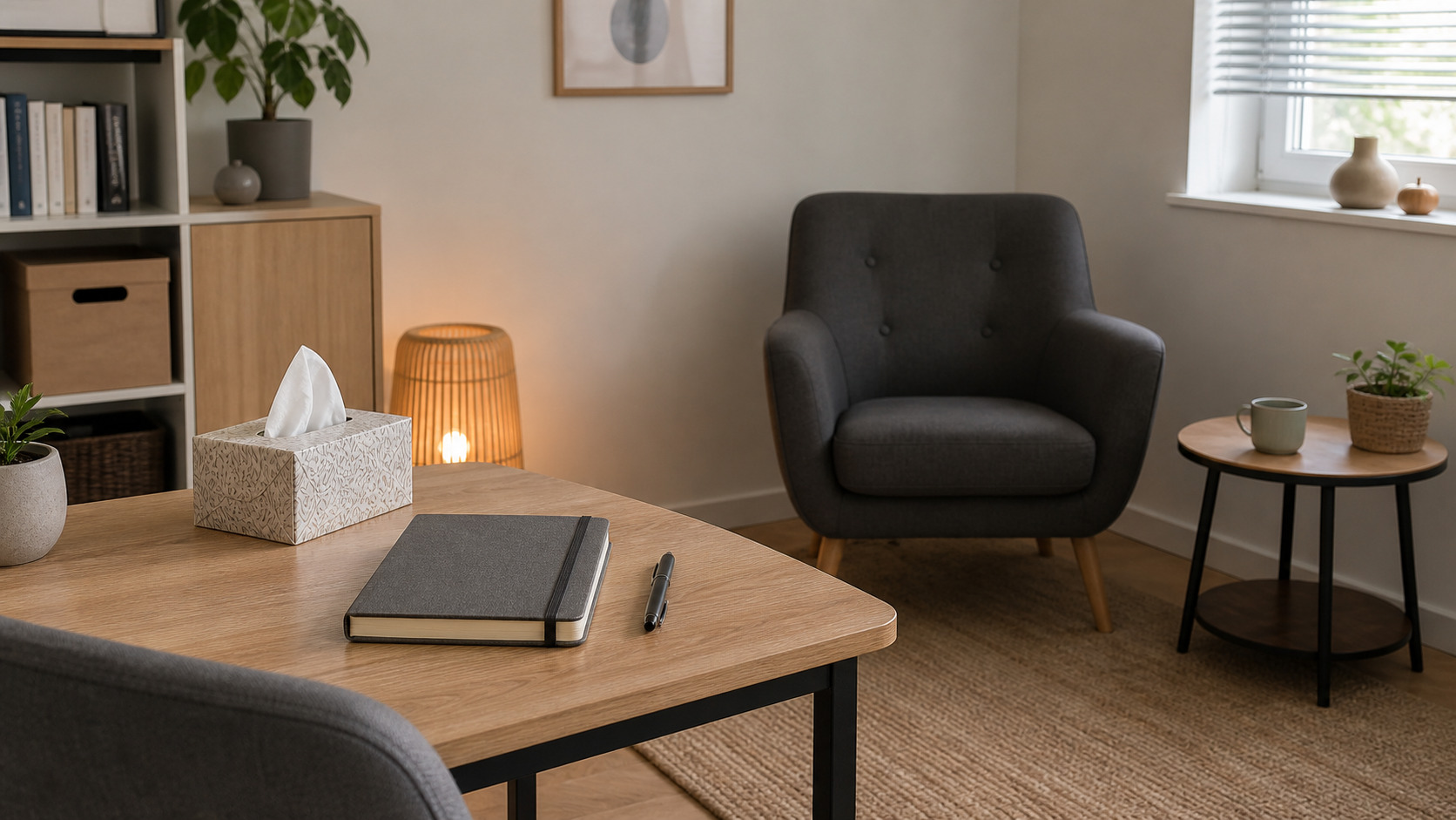 Bureau de consultation avec fauteuil, carnet et boîte de mouchoirs